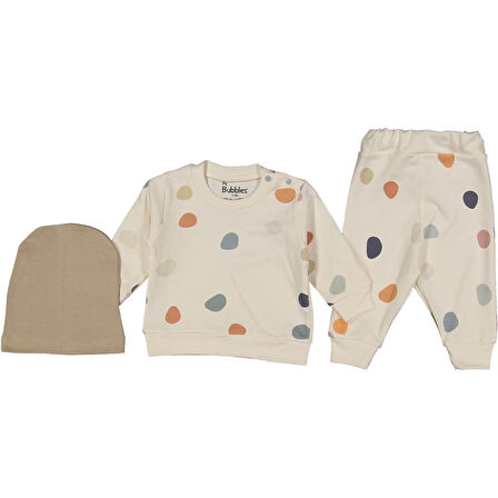 Erkek Bebek Ekru Renkli Puanlı Bereli 3'li Takım