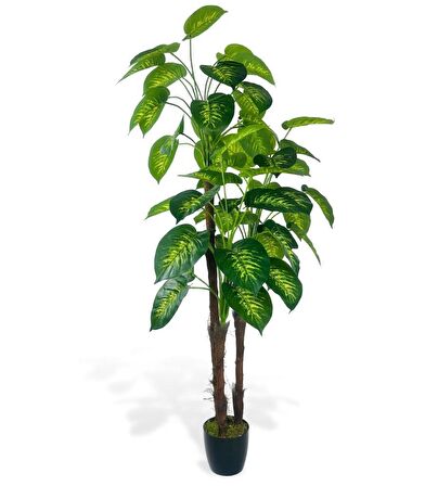 Yapay Çiçek Difenbahya Sarı Yeşil 3Katlı 160cm 54Yaprak Siyah Plastik Saksıda Yapay Bitki
