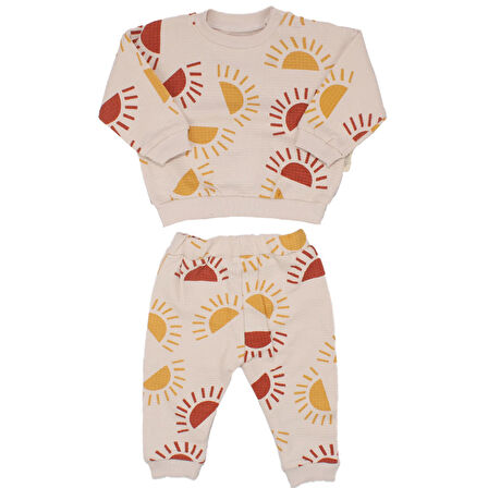 Erkek Bebek Ekru Waffle Kumaş Sarı Turuncu Güneş Desenli 2'li Takım