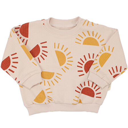 Erkek Bebek Ekru Waffle Kumaş Sarı Turuncu Güneş Desenli 2'li Takım