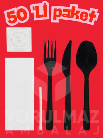 🖤🍴🥄🔪 Siyah Tekli Ambalajlı Çatal Kaşık Bıçak Seti – Tuz & Kürdan Dahil 50 Adet