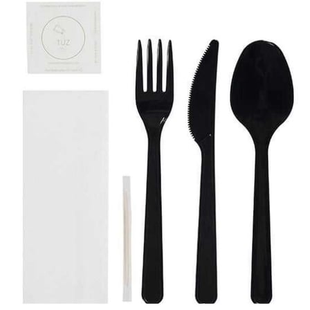 🖤🍴🥄🔪 Siyah Tekli Ambalajlı Çatal Kaşık Bıçak Seti – Tuz & Kürdan Dahil 50 Adet