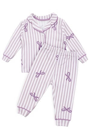 Kız Bebek Beyaz Lila Fiyonklu Çizgili Pijama Takımı