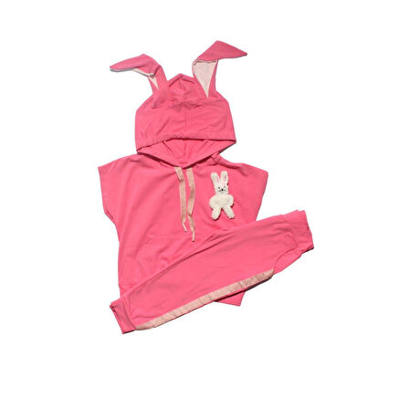 Kız Çocuk Fuşya Tavşanlı Aksesuarlı Kapşonlu Cepli 2 li Takım