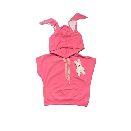 Kız Çocuk Fuşya Tavşanlı Aksesuarlı Kapşonlu Cepli 2 li Takım