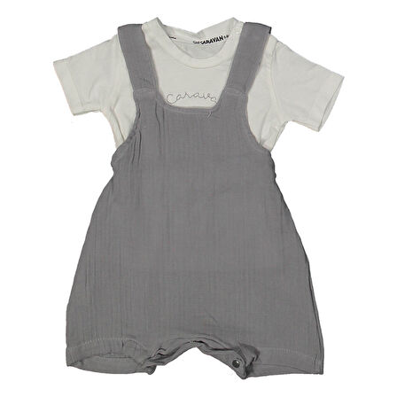 Erkek Bebek Ekru Gri Müslin Salopetli Takım