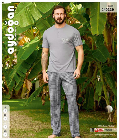 Aydoğan Erkek Gri %100 Pamuklu Penye Kısa Kollu Pijama Takımı 240339