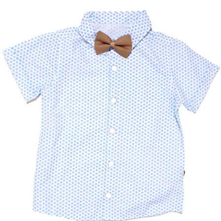 Erkek Çocuk Beyaz Mavi Kahve Desenli Gömlekli Papyonlu Askılı Kısa Kol 3'lü Takım