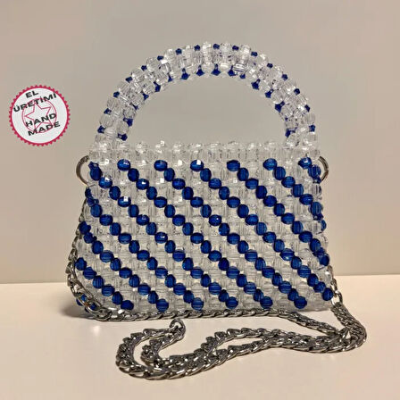 Uretti - Nuran 9092 - El  Yapımı Şeffaf Kristal Boncuk  Abiye Çanta 13cm - Beyaz / Mavi