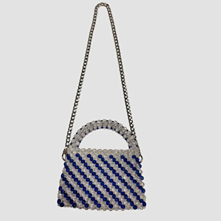 Uretti - Nuran 9092 - El  Yapımı Şeffaf Kristal Boncuk  Abiye Çanta 13cm - Beyaz / Mavi
