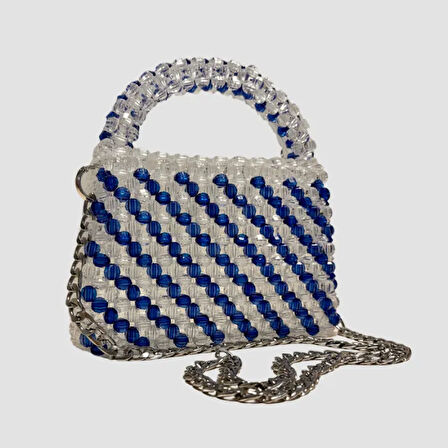 Uretti - Nuran 9092 - El  Yapımı Şeffaf Kristal Boncuk  Abiye Çanta 13cm - Beyaz / Mavi