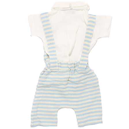 Erkek Bebek Ekru Mavi Çizgili Müslin Papyonlu Gömlekli Salopet Takım