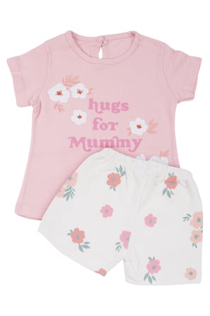 Kız Bebek Ekru Pembe Hugs For Mommy Çiçek Baskılı Şortl 2'li Takım