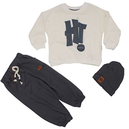 Erkek Çocuk Beyaz Gri Hİ Baskılı Bereli 3'lü Takım