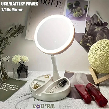 ShopFast 10x Katlanabilir Makyaj Aynası Çift Taraflı Usb Vanity Led Işıklı Büyüteçli Ayna Make Up