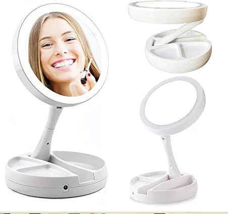 ShopFast 10x Katlanabilir Makyaj Aynası Çift Taraflı Usb Vanity Led Işıklı Büyüteçli Ayna Make Up