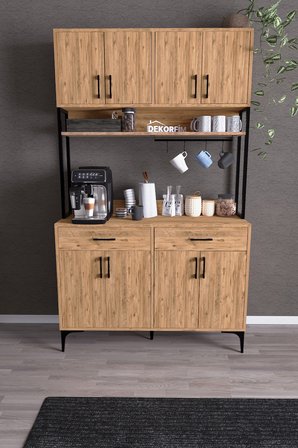 DF14104 Kahve Köşesi Mutfak Dolabı Coffee Bar Standı Raflı Kapaklı Çekmeceli Çok Amaçlı Konsol Atlantik Çam