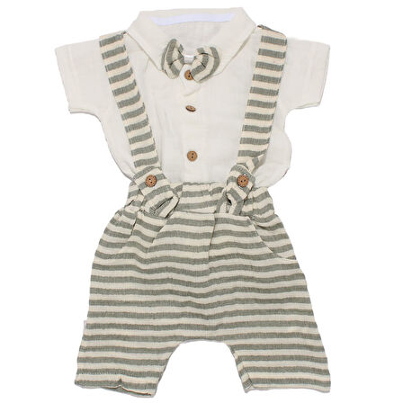 Erkek Bebek Ekru Yeşil Çizgili Müslin Papyonlu Gömlekli Salopet Takım