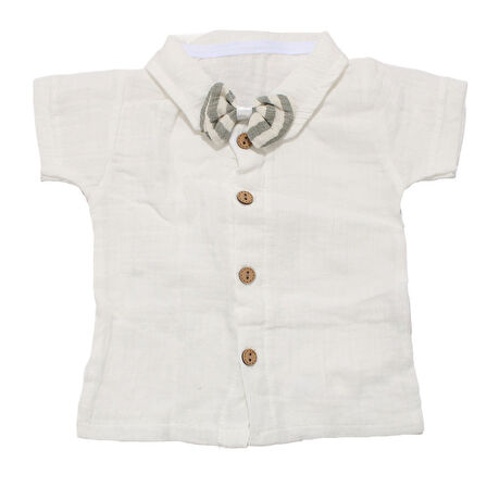 Erkek Bebek Ekru Yeşil Çizgili Müslin Papyonlu Gömlekli Salopet Takım