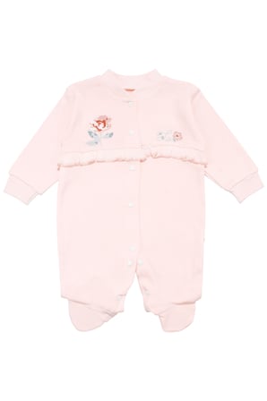 Kız Bebek Ekru Somon Gül Nakışlı Kanaviçe Çıtçıtlı Patikli Tulum