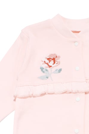 Kız Bebek Ekru Somon Gül Nakışlı Kanaviçe Çıtçıtlı Patikli Tulum