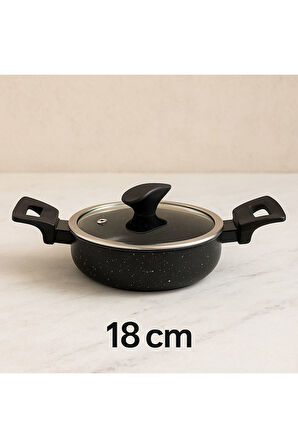Palmiyra Ekonomik Seri 18 cm Basık Granit Tencere – Yapışmaz Yüzey, Ergonomik Saplı,Cam Kapaklı