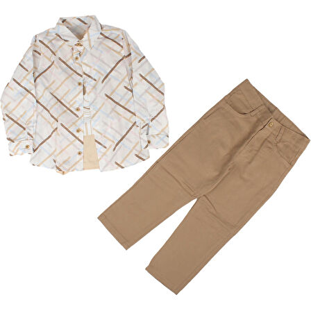 Erkek Çocuk Beyaz Kahve Renkli Çizgi Baskılı Gömlekli Pantolon Emoji Badili 3'lü Takım