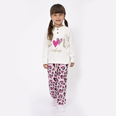 Kız Çocuk Ekru Fuşha Cool Kalp Baskılı 2'li Pijama Takımı