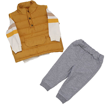 Erkek Bebek Sarı Gri Şişme Yelekli Önü Kapalı Cepli 3'lü Takım
