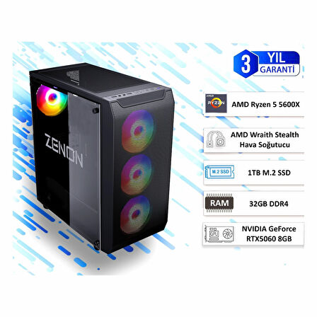Zenon Gaming LWL103 Ryzen 5-5600X 32GB 1TBSSD RTX5060 650W FreeDOS Masaüstü Bilgisayar