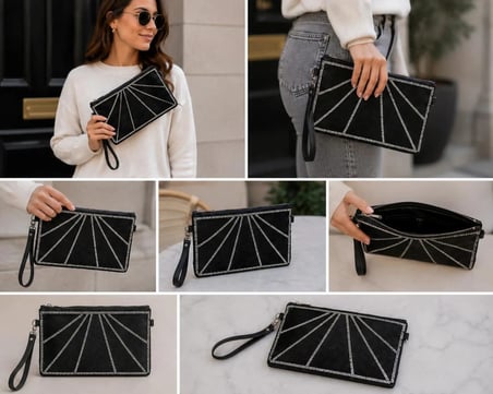 Kadın Siyah Taş Detaylı Portföy Çanta – Şık Bilek Askılı Abiye Clutch