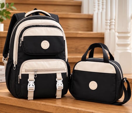 Siyah Krem 2’li Çocuk Okul Çantası ve Beslenme Çantası Seti – Çok Bölmeli 🎒
