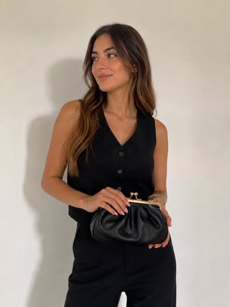 Siyah Retro Burslu Gold Klipsli Kadın El ve Omuz Çantası