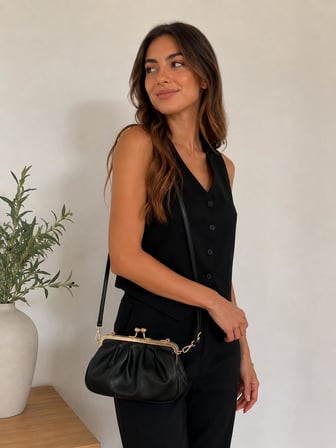 Siyah Retro Burslu Gold Klipsli Kadın El ve Omuz Çantası