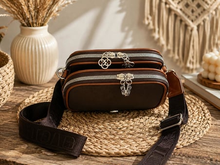 Vintage Kahve Çapraz Omuz Çantası – Çift Fermuarlı Şık Günlük Çanta