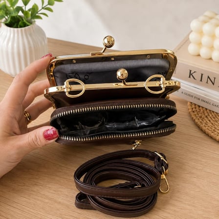 Kahverengi Gold Klips Detaylı Fermuarlı Çapraz Omuz Çantası