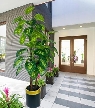 Yapay Çiçek Difenbahya Sarı Yeşil 3Katlı 160cm 54Yaprak Gold Kemerli Siyah Saksıda Yapay Bitki