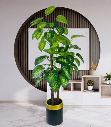 Yapay Çiçek Difenbahya Sarı Yeşil 3Katlı 160cm 54Yaprak Gold Kemerli Siyah Saksıda Yapay Bitki