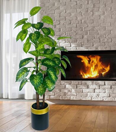Yapay Çiçek Difenbahya Sarı Yeşil 3Katlı 160cm 54Yaprak Gold Kemerli Siyah Saksıda Yapay Bitki
