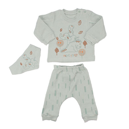 Erkek Bebek Su Yeşili Filli Nakışlı Önlüklü Waffle 3'lü Takım