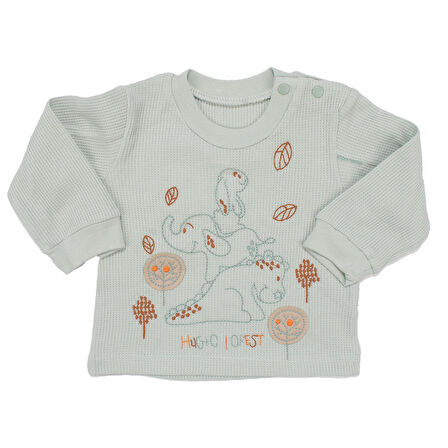 Erkek Bebek Su Yeşili Filli Nakışlı Önlüklü Waffle 3'lü Takım