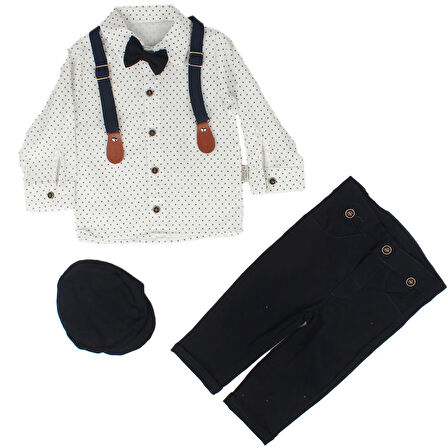 Erkek Bebek Laci Beyaz Puanlı Papyonlu Şapkalı Gömlek Takım