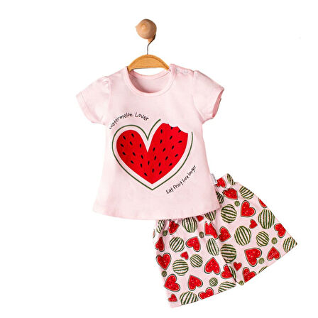 Kız Bebek Pembe Kırmızı Kalpli Karpuz Baskılı Şortlu 2'li Takım
