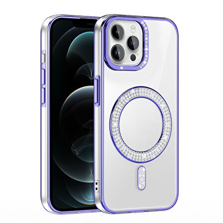 iPhone 12 Pro Kılıf Pırlanta Taş Tasarımlı M-safe Şarj Özellikli Karetta Silikon Kapak