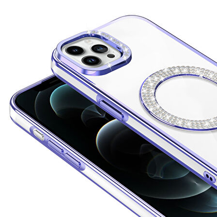 iPhone 12 Pro Kılıf Pırlanta Taş Tasarımlı M-safe Şarj Özellikli Karetta Silikon Kapak