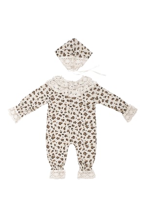 Kız Bebek Beyaz Kahve Leopar Desenli Bereli Fistolu Tulum
