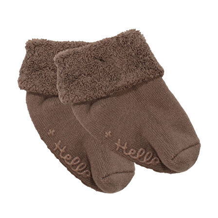 Unisex Koyu Kahve Kıvrık Hello Kaydırmaz Taban Havlu Çorap