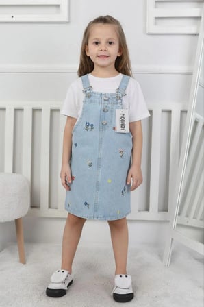 Kız Çocuk Nakış İşlemeli Kot Jile Elbise - %100 Pamuklu Denim