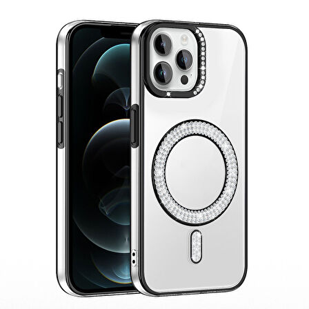 iPhone 12 Pro Kılıf Pırlanta Taş Tasarımlı M-safe Şarj Özellikli Karetta Silikon Kapak