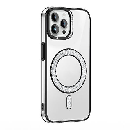 iPhone 12 Pro Kılıf Pırlanta Taş Tasarımlı M-safe Şarj Özellikli Karetta Silikon Kapak